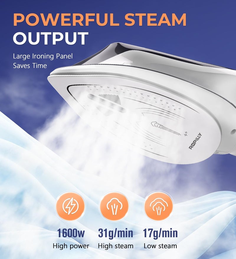 Ropilly Steamer for Clothes, 1600W 2-in-1 Steamer & Iron with Large Ceramic Plate, Powerful Turbo Steam, Smart Temperature Control, Auto-Off, Wrinkle Remover for All Fabrics - Image 3